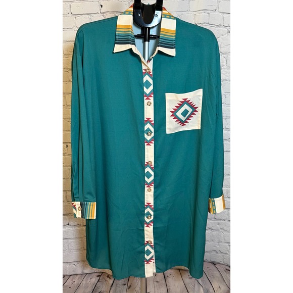 Rowdy Crowd Clothing Dresses & Skirts - Rowdy Crowd Clothing Dutton Duster Dress XL Teal Southwestern Button Up Shirt